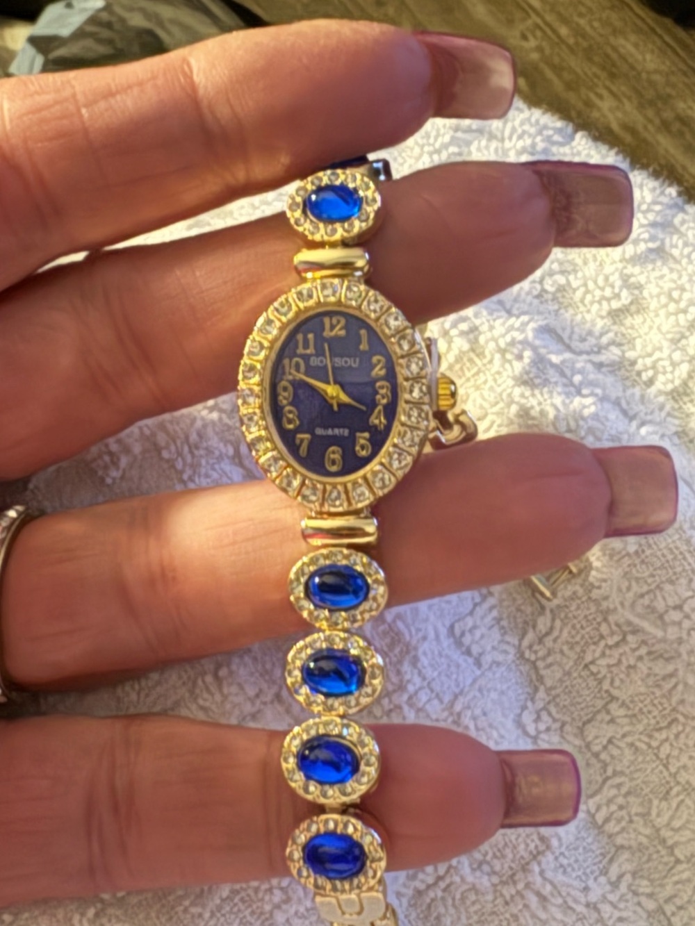Watch- Blue Sapphire simulated  Gold Watches, Diamond like Bracelet Slim Watch J